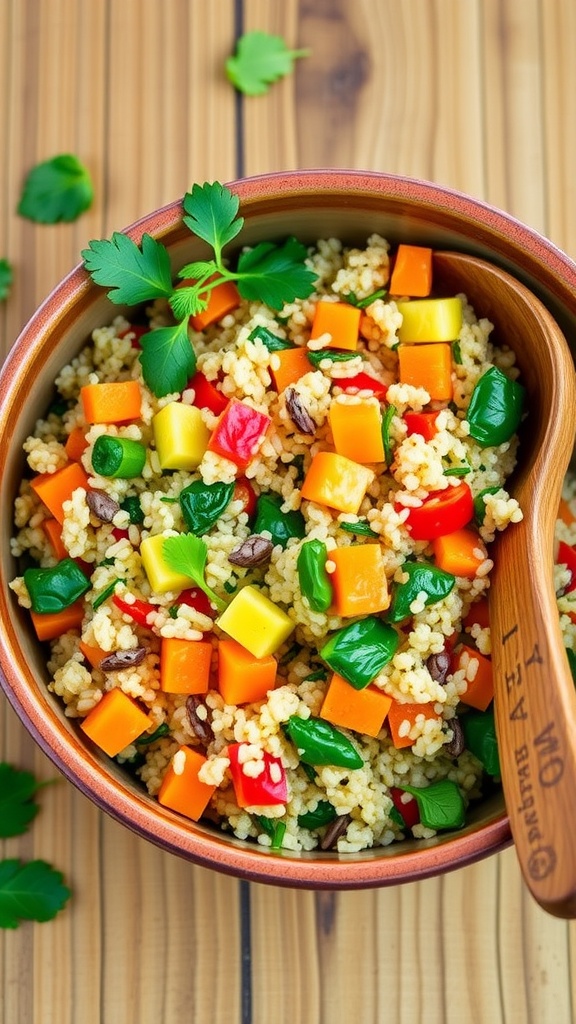 A colorful bowl of quinoa mixed with bell peppers, carrots, and spinach, garnished with parsley on a wooden table.